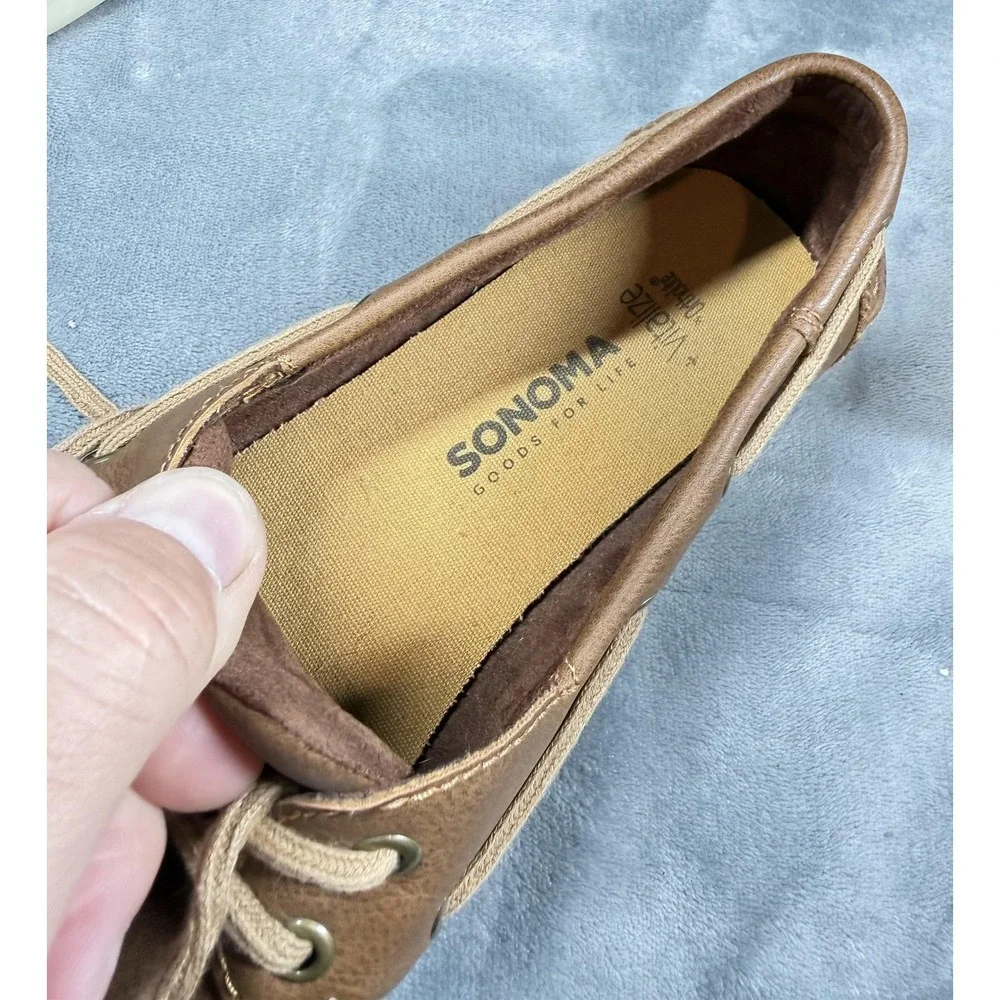 Sonoma Boat Shoes Mens Size 11W Brown Faux Leather Lace Up Casual Deck Nautical